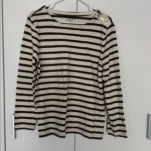 LOFT Green and Cream Striped Top with Gold Button Accents